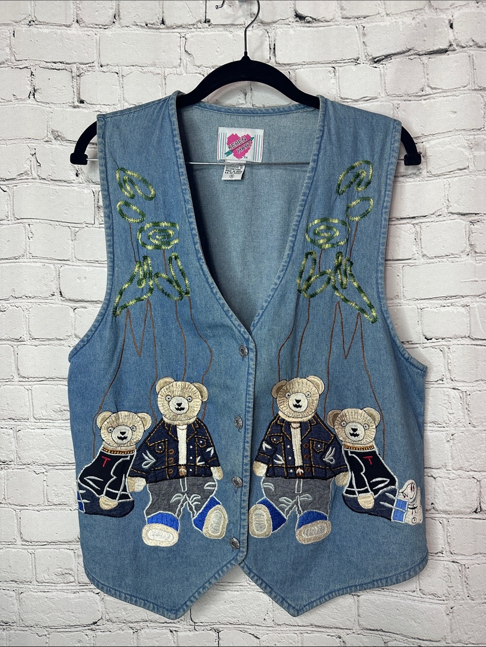 Vintage Teddy Bear Denim Vest Keren Hart 90s Embroidered Jean Vest M